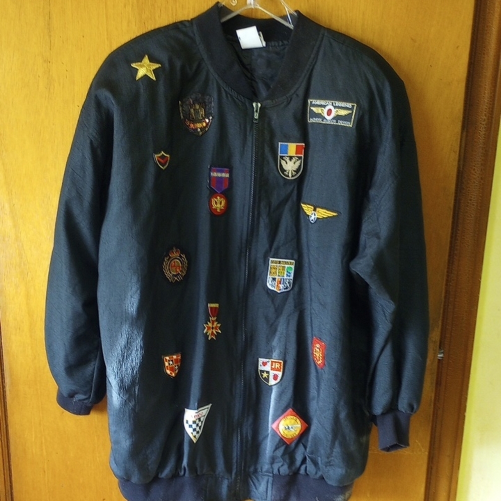 David Alan Size 22W Black Bomber Jacket with Aviation Patches, Vintage Airplanes
